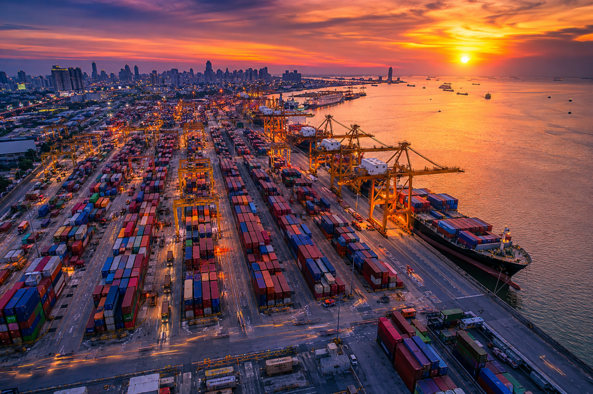Aerial View of Busy Container Port at Sunset