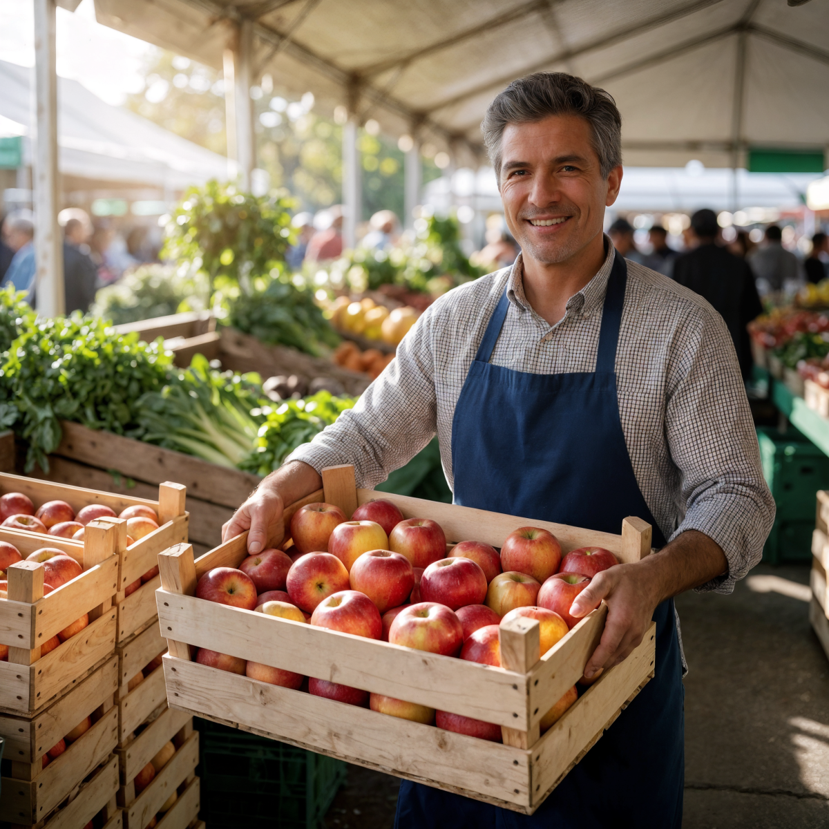 Friendly Male Vendor Holding Crate of Fresh Red Apples at Farmers Market