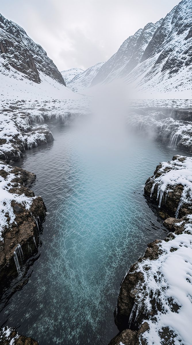 Steaming Natural Hot Spring in Snowy Mountain Valley