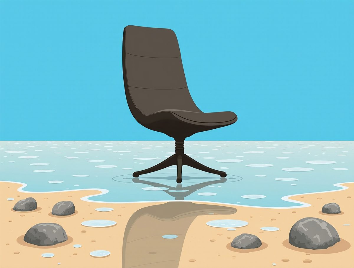 Minimalist Illustration of an Office Chair on a Sandy Beach in Shallow Water
