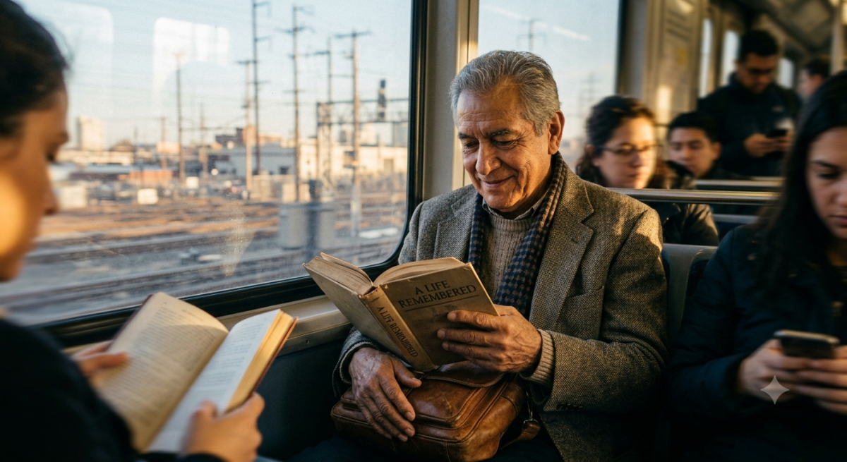 Senior Man Reading Book on Commuter Train at Sunset
