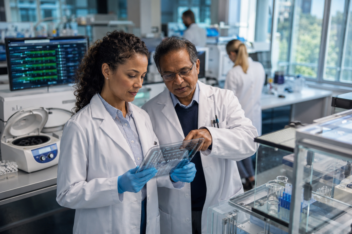Scientists Analyzing Digital Data on Transparent Tablet in Modern Lab