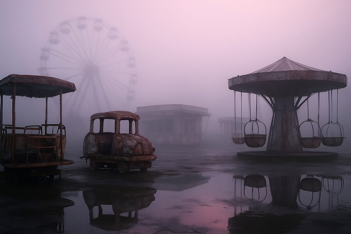 Abandoned Rusted Carnival Rides in Eerie Pink Fog