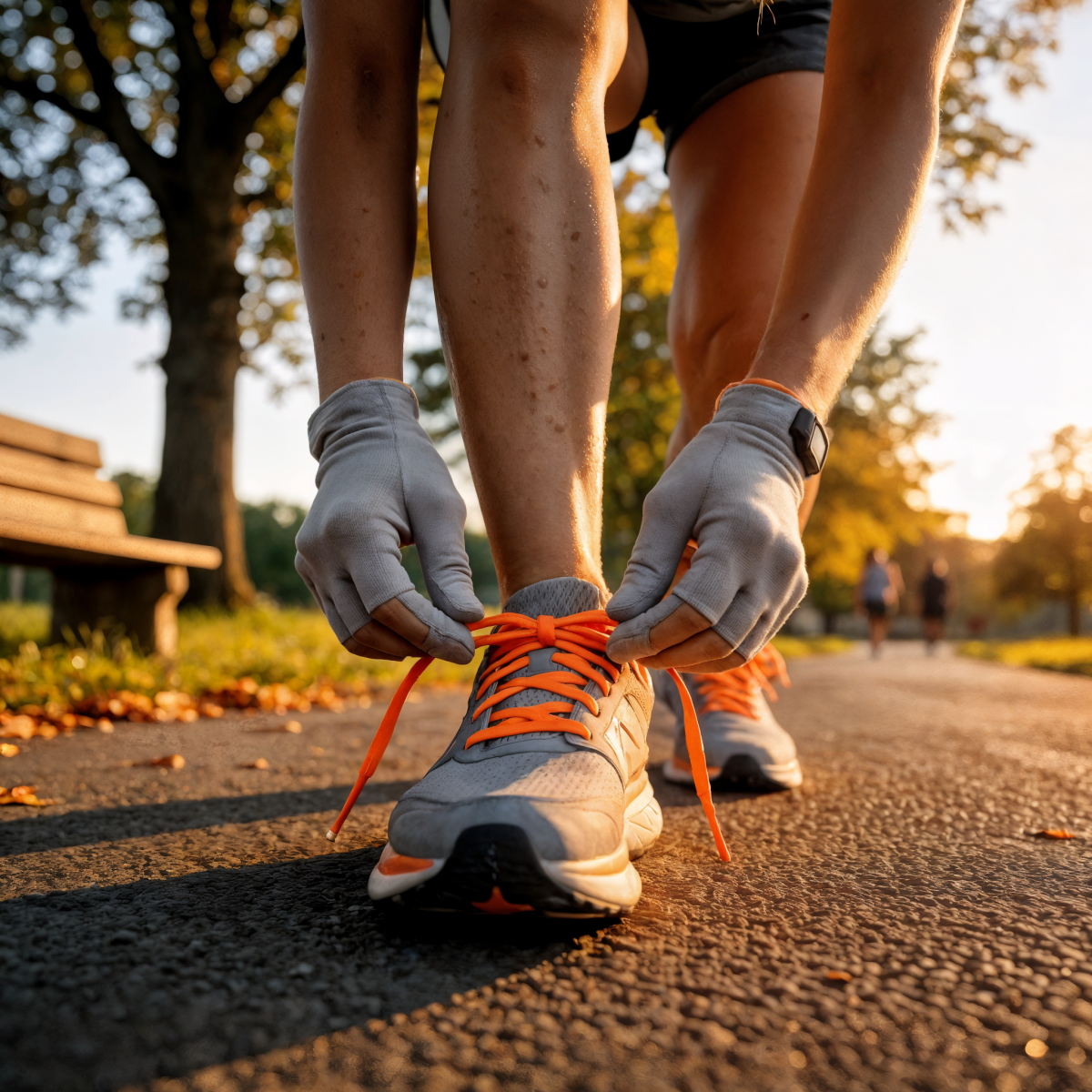 Runner Tying Shoe Laces on Park Path at Sunrise