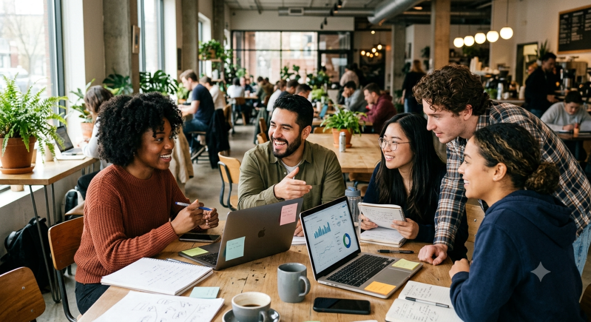 Diverse Creative Team Collaborating in a Modern Coffee Shop