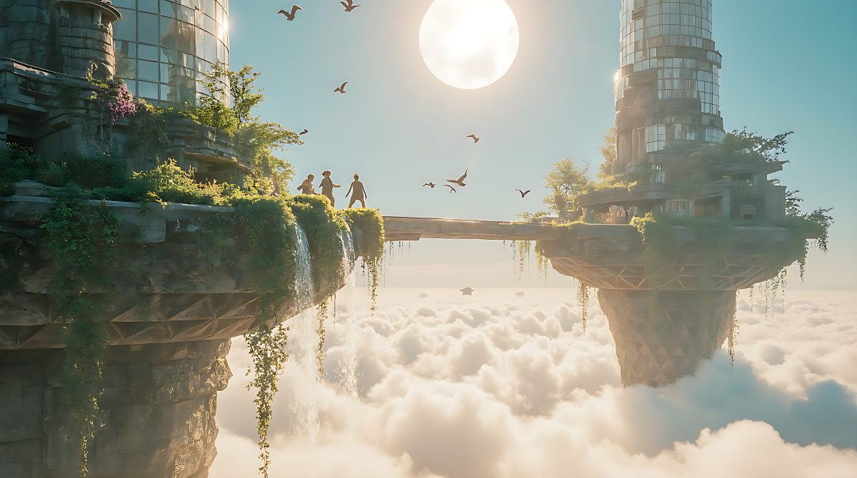 Futuristic Solarpunk Floating Towers Above the Clouds