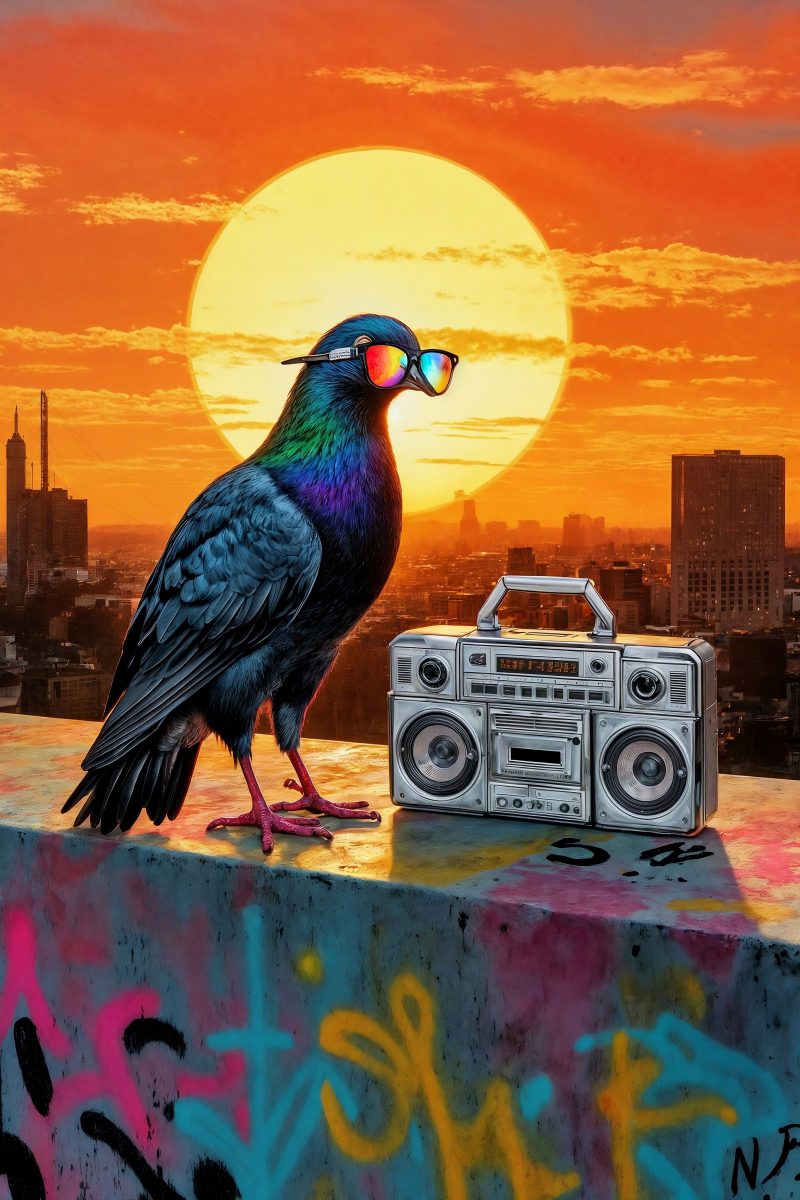 Cool Pigeon with Sunglasses and Boombox on Rooftop at Sunset
