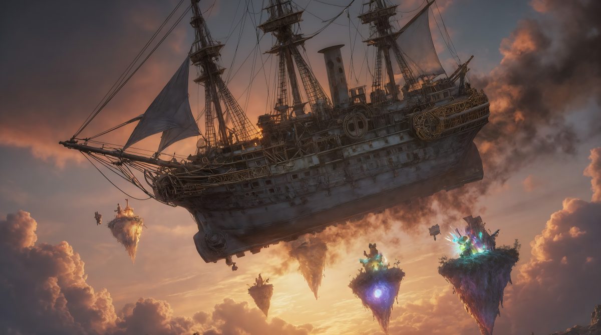 Majestic Steampunk Airship Cruising Through Floating Islands at Sunset