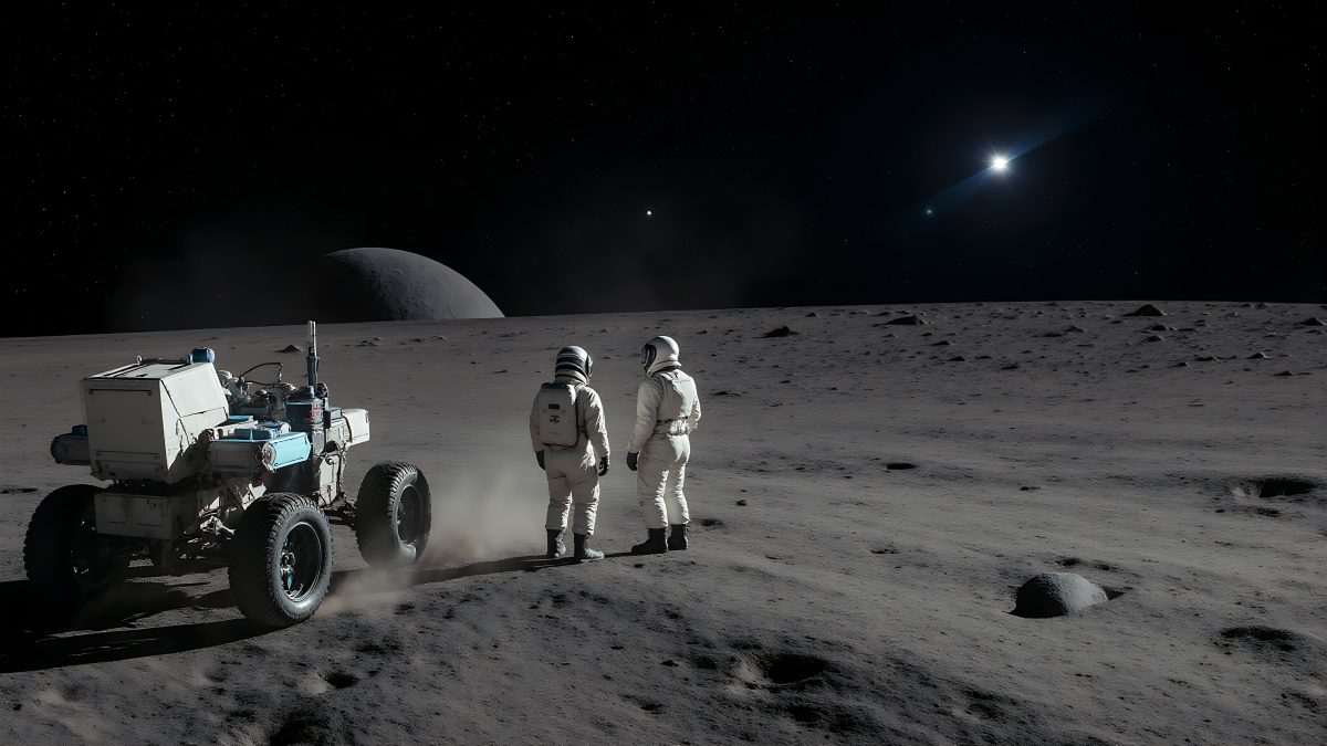 Astronauts Exploring Lunar Surface with Moon Rover