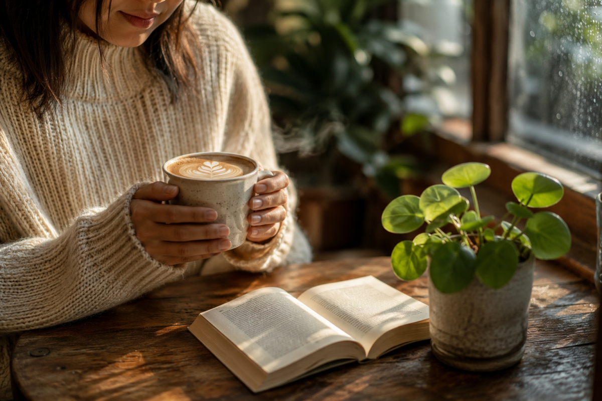Woman in Cozy Sweater Holding Coffee at Rainy-Day Table with Pilea Plant