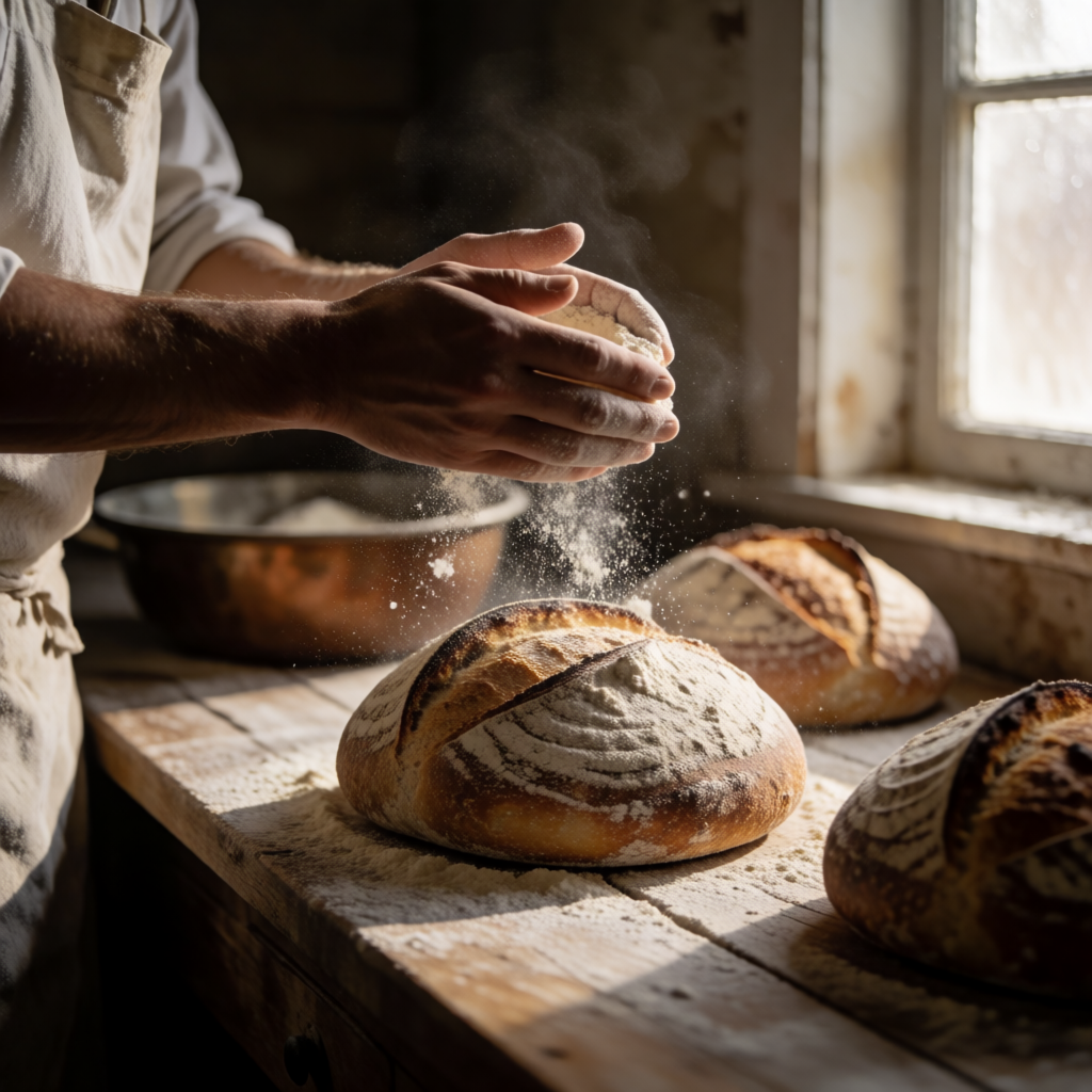 Artisan Baker Dusting Fresh Sourdough Bread with Flour