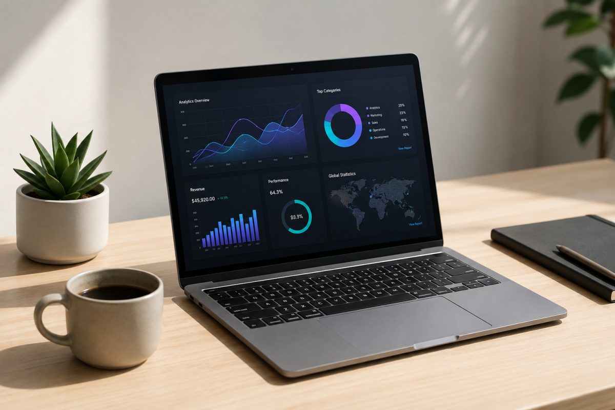 Modern Workspace Desk Setup with Laptop Displaying Business Data Analytics