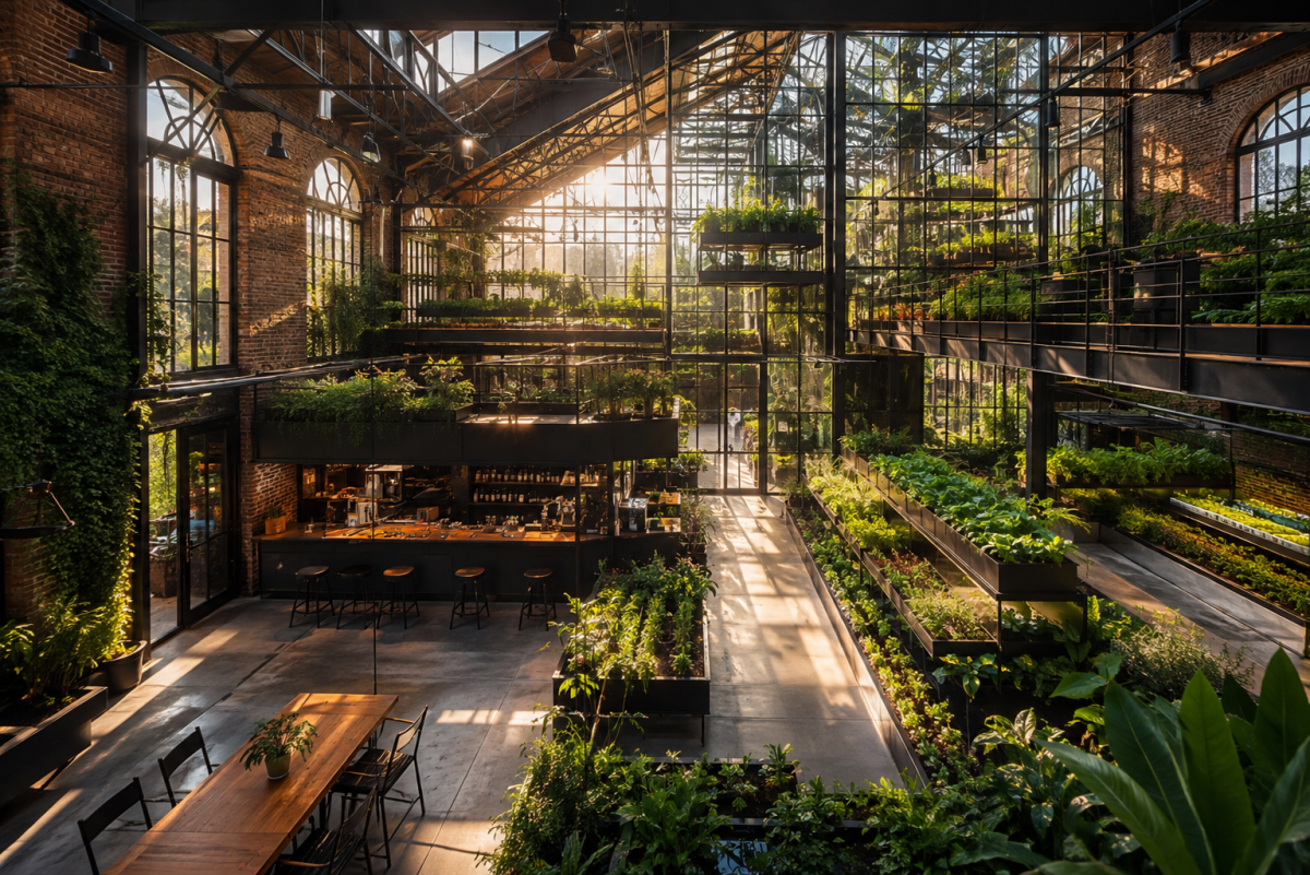 Modern Greenhouse Cafe in Converted Industrial Warehouse