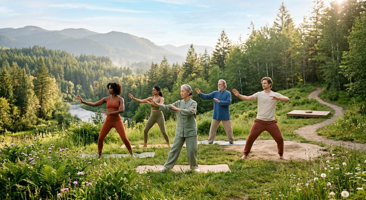 Serene Group Tai Chi Session in Mountain Meadow