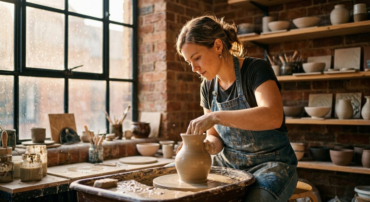Artisan Ceramicist Shaping Clay Vase in Sunlit Loft Studio
