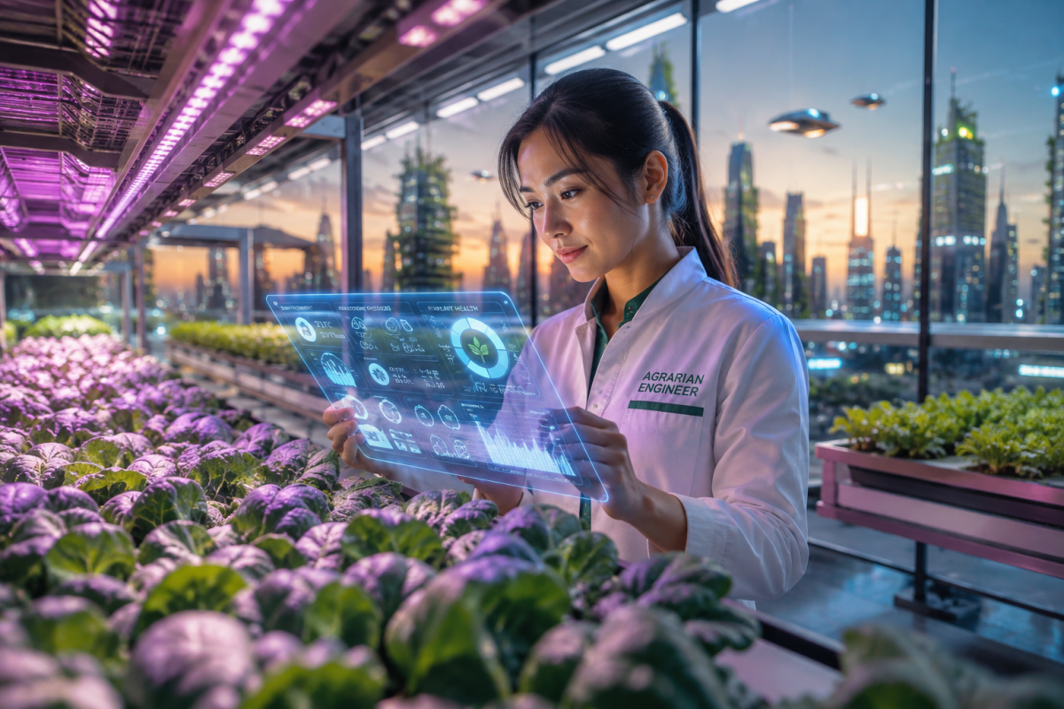 Female Agrarian Engineer Monitoring Hydroponic Crops with Holographic Display in Futuristic Vertical Farm