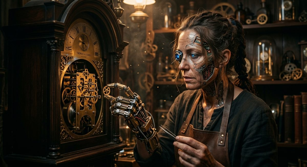 Cyborg Artisan Repairing Antique Grandfather Clock in Victorian Workshop