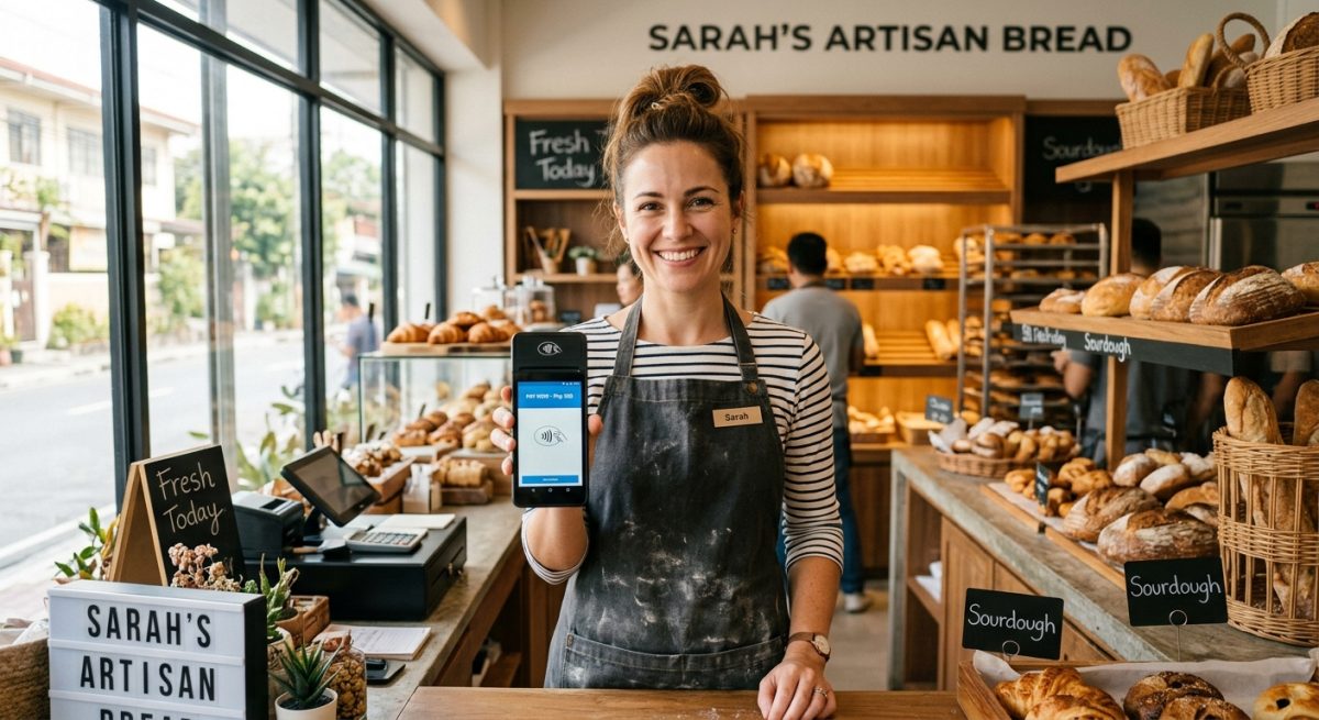 Small Business Bakery Owner Holding Digital Payment Terminal