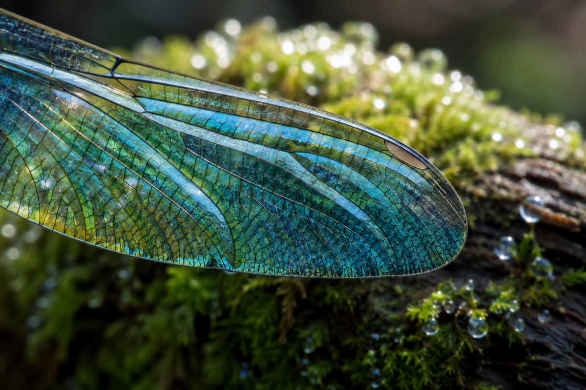 Macro Detail of Iridescent Dragonfly Wing with Morning Dew