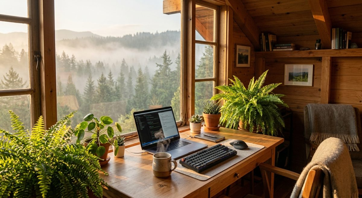 Cozy Wooden Cabin Workspace Overlooking Misty Mountain Forest
