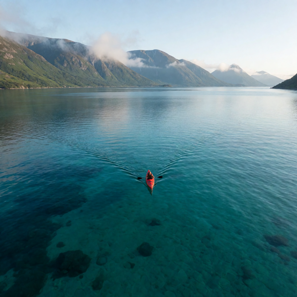 Solitary Kayaker on Clear Turquoise Lake Surrounding Mountain Fjord