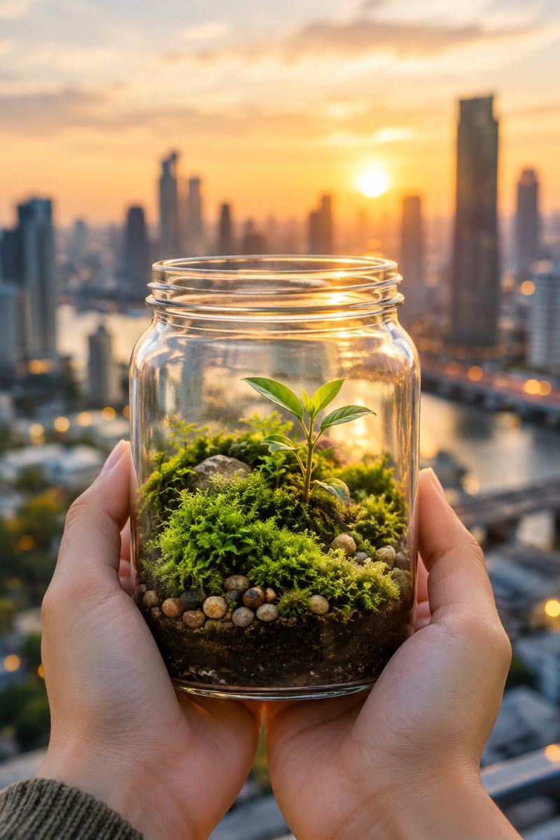Hands Holding Miniature Glass Terrarium Against Urban City Sunset Skylin