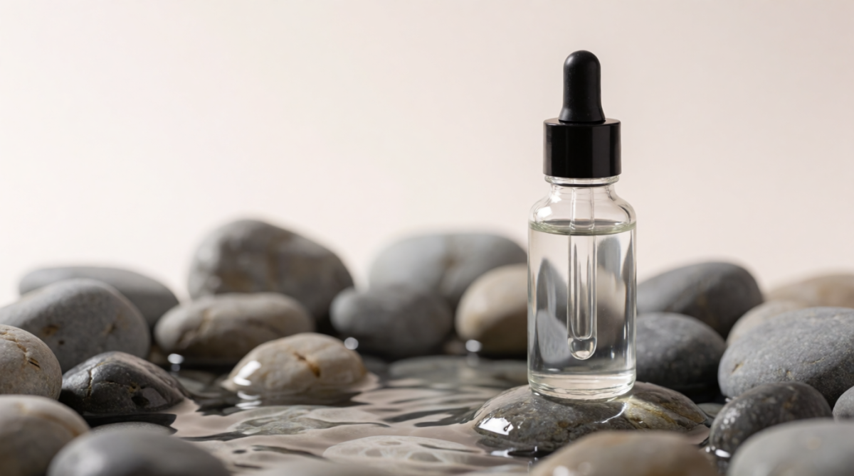 Glass Dropper Bottle with Skincare Serum on Smooth River Stones and Water