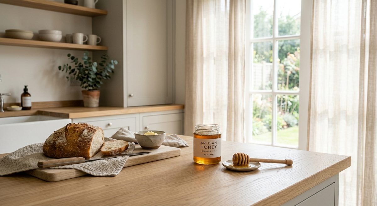 Morning Sunlight in Modern Scandinavian Kitchen with Artisan Honey and Sourdough
