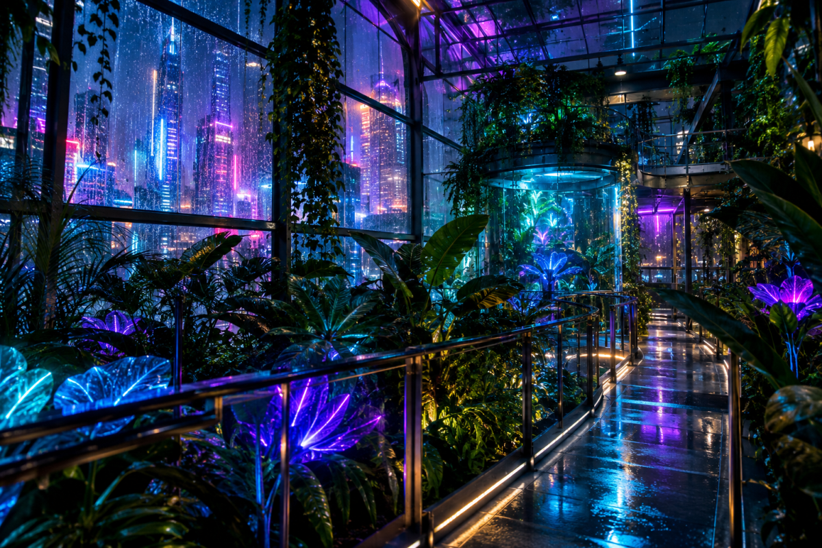 Futuristic Neon Rainforest Conservatory in a Cyberpunk Metropolis