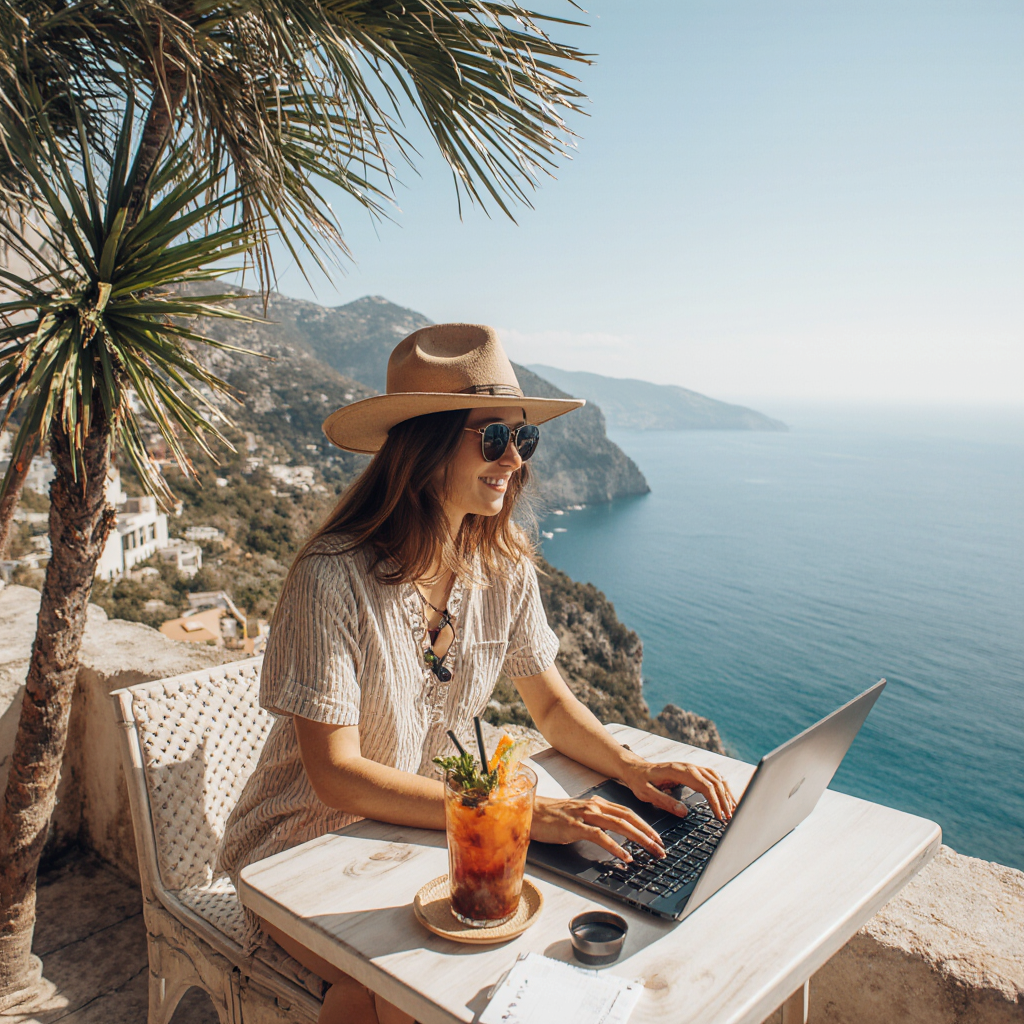 Digital Nomad Working on Laptop at Cliffside Mediterranean Café