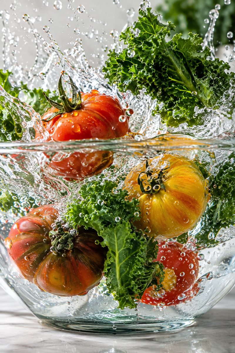Fresh Heirloom Tomatoes and Curly Kale Splashing into Water
