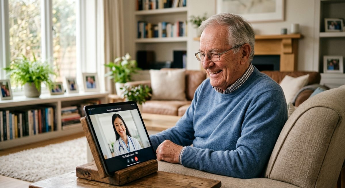 Senior Man Having a Telehealth Consultation with Doctor on Digital Tablet at Home