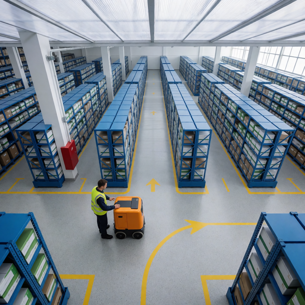 High-Angle View of Warehouse Worker Operating Autonomous Logistics Equipment
